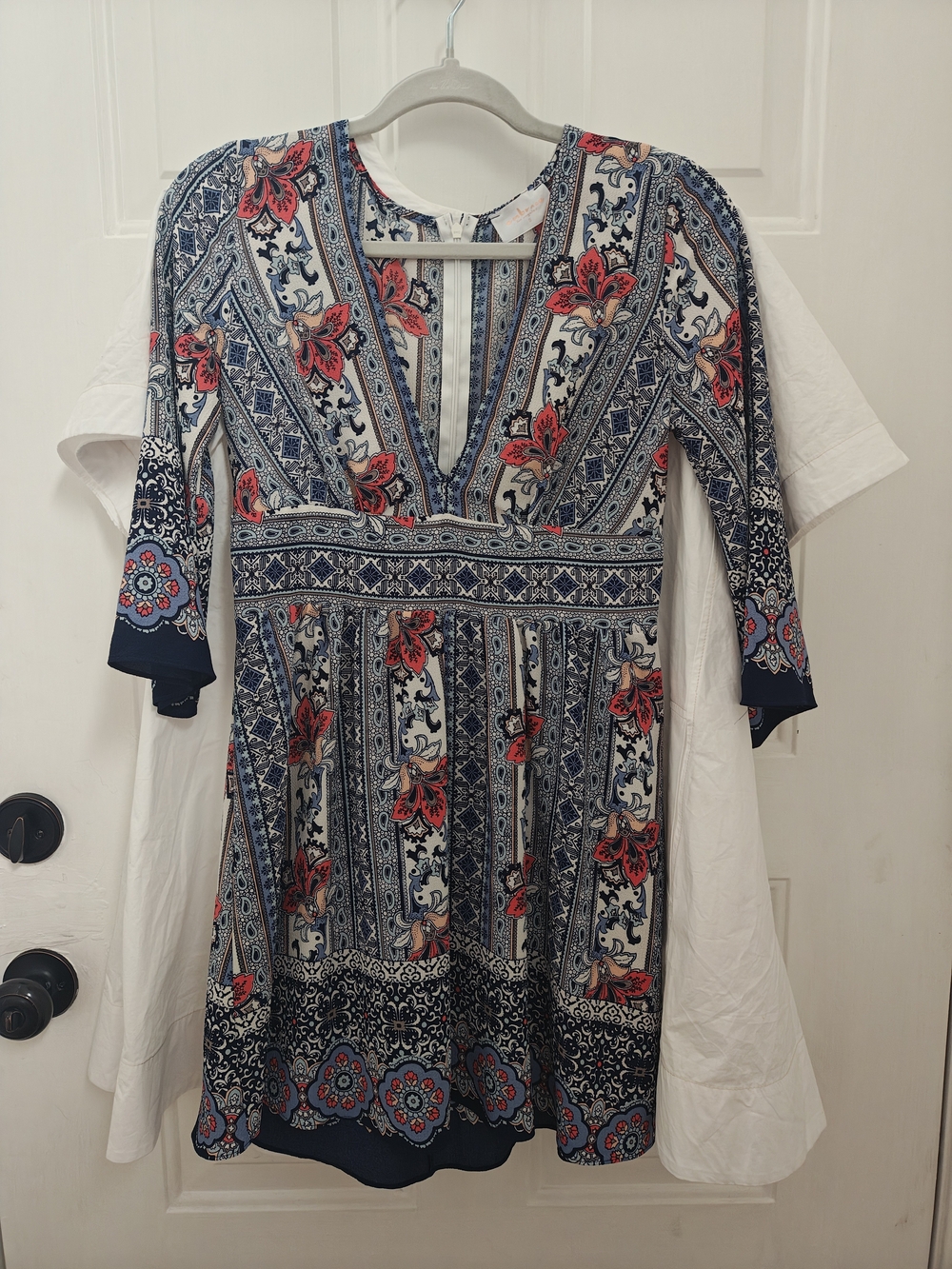 Floral Print V-Neck Women's Dress in Navy and Red By Embrace, Size S